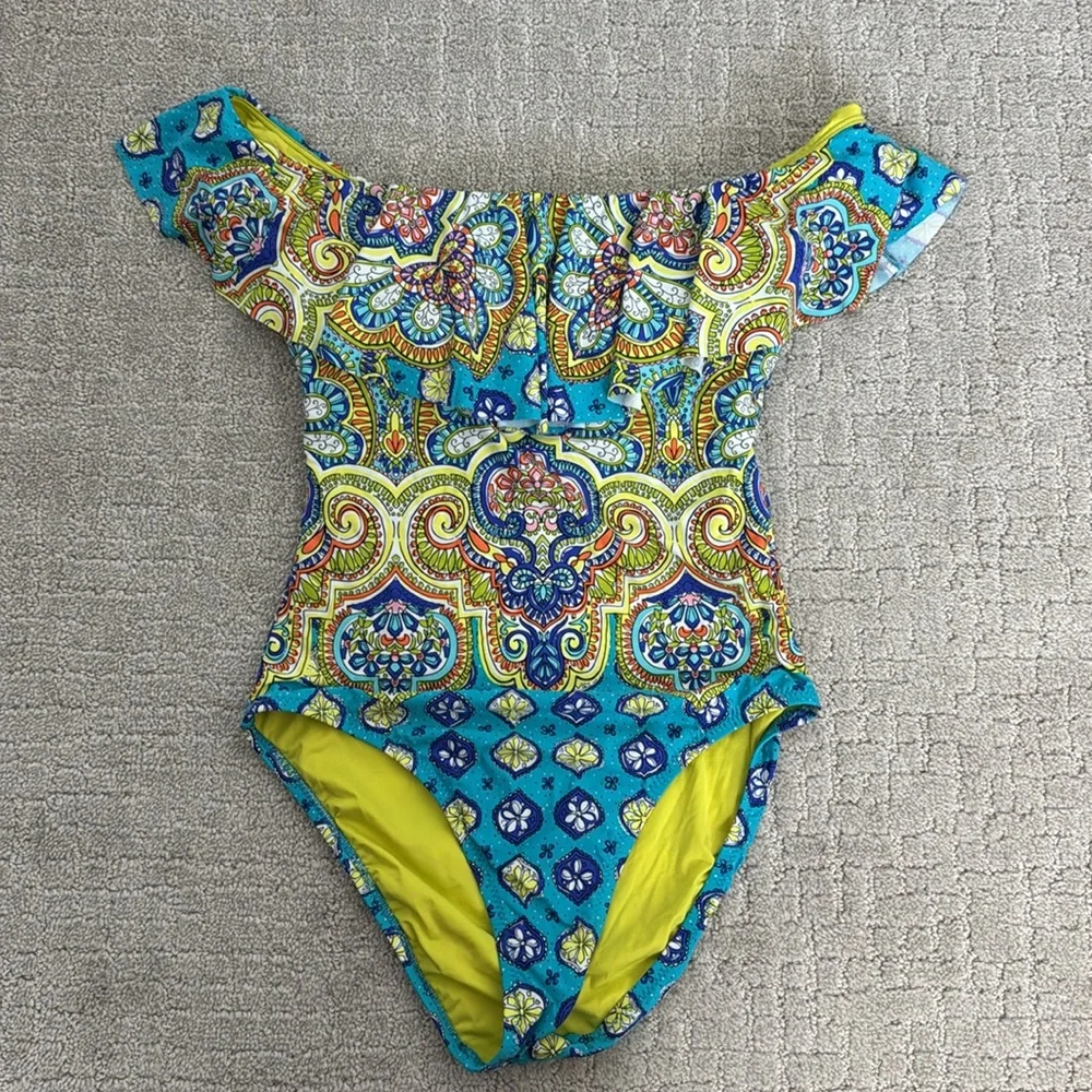 Trina Turk Corsica Off the Shoulder One Piece Swim suit blue green paisley